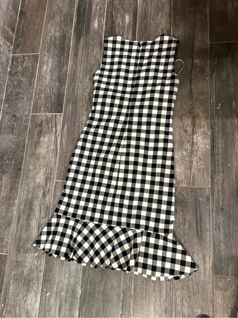 Strapless Black & White Gingham Midi Dress with Ruffle Hem